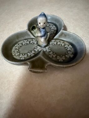 Ceramic Clover Trinket Tray with Figurine in Blue-Green Glaze